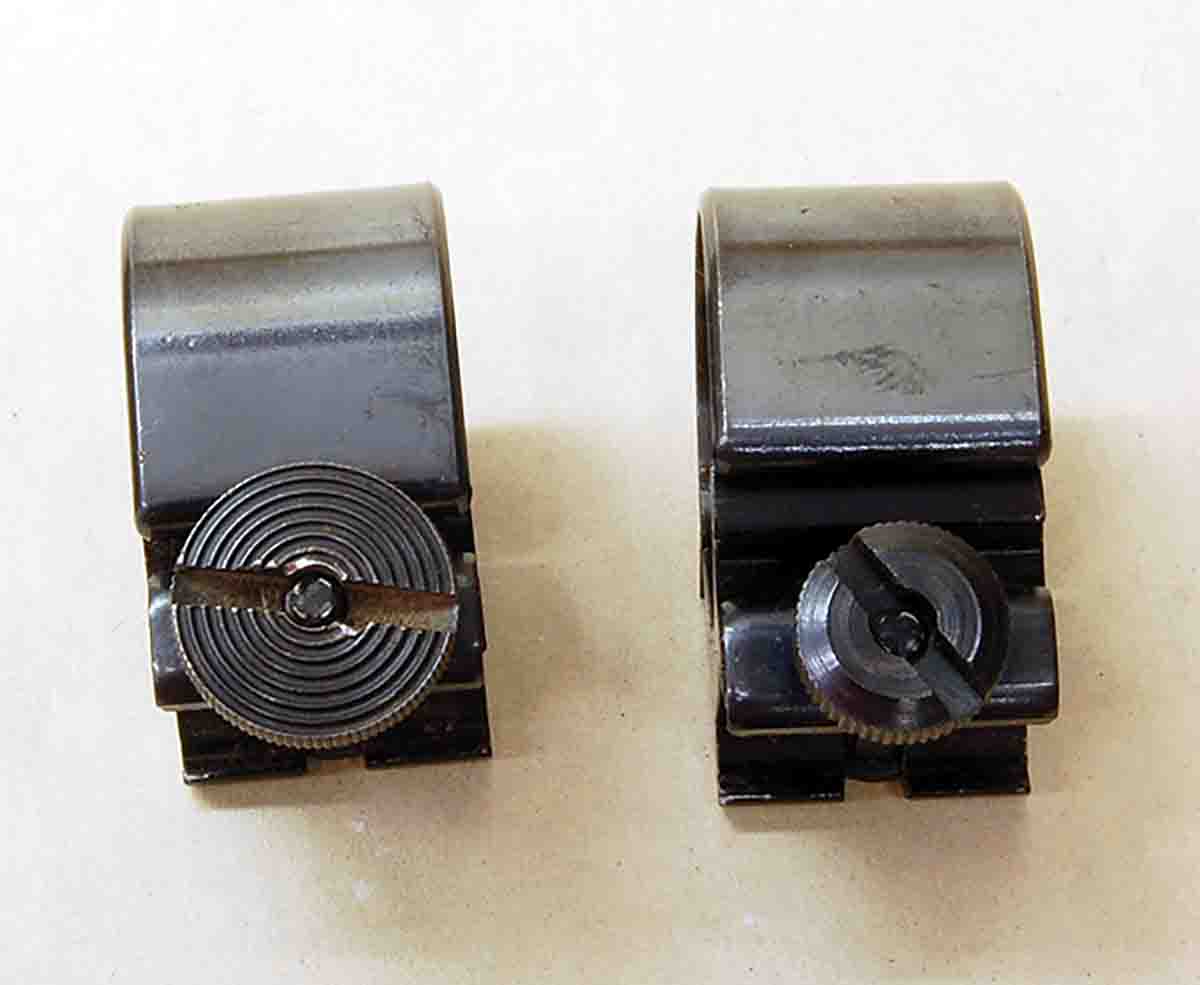 An old, large Weaver ring nut (.080-inch slot) at left and a newer small nut (.100-inch slot) at right.